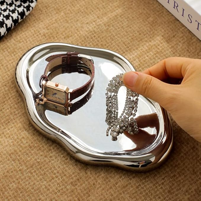 Jewelry Dish Tray, Ring Dish, Ceramic Trinket Small Key Mother's Day, Christmas, Thanksgiving, Birthday Gift for Mother Daughter Friends Silver