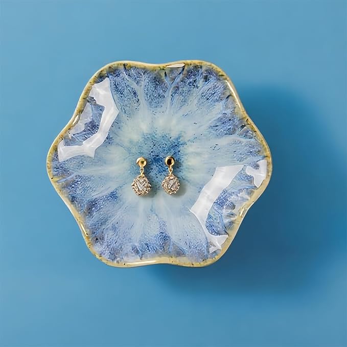 2Pcs Ceramic Jewelry Dish - Lotus Leaf Shape, for Ring Holder Necklace Small Key, Suitable for Mother Friend Sister, Gifts for Women, Cute Plate Trinket Tray, Home Decor (Light Blue-2PCS)