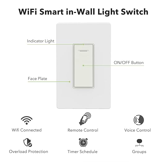 BN-LINK Smart Light Switch with Timer Function, Single Pole, 2.4GHz Wi-Fi in-Wall Switch, Neutral Wire Required, Compatible with Alexa and Google Assistant, No Hub Required, White(4 Pack)