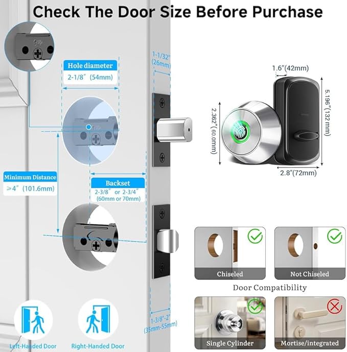 Fingerprint Keyless Entry Door Lock – Smart Deadbolt with App Control, 10-Month Battery Life, Easy Installation, Deadbolt Alternative, IP66 Waterproof, Includes 2 Backup Keys