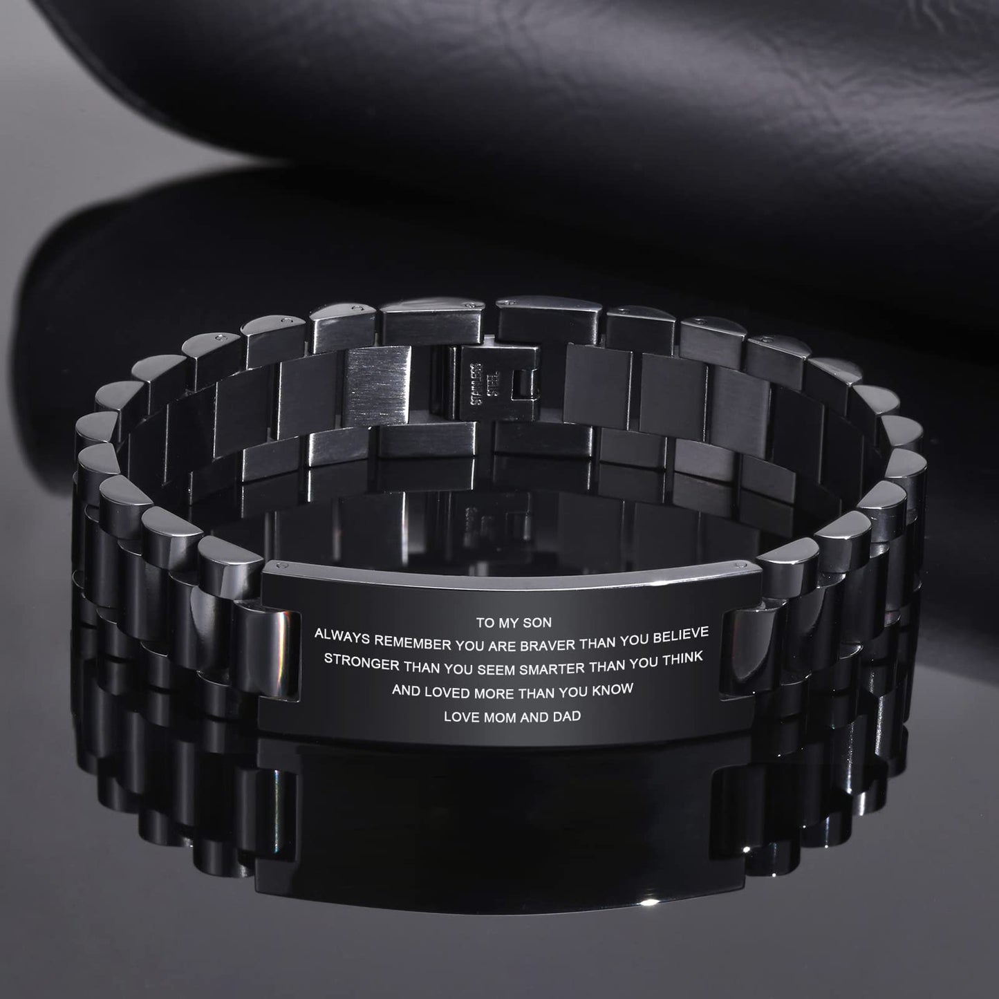 MEALGUET Stainless Steel to My Son Love Dad and Mom Courage Inspirational Wristband Link Bracelets, Graduation Birthday Gifts to Son