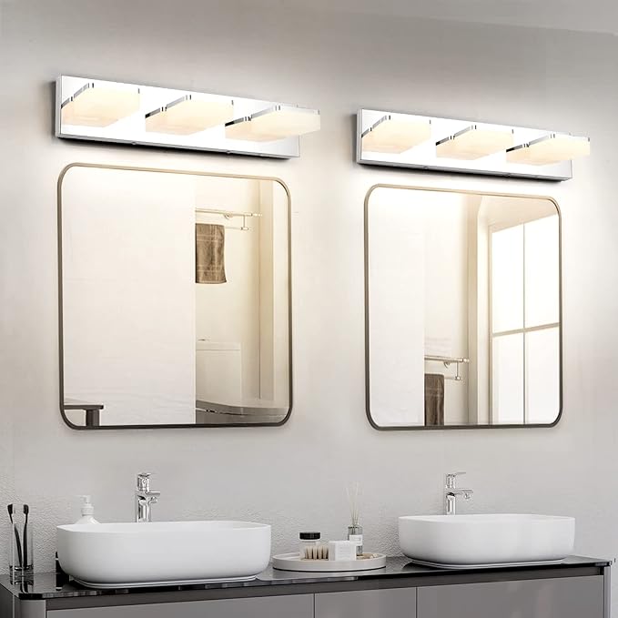 3 Colors Dimmable Bathroom Light Fixtures Over Mirror, LED Chrome Vanity Lights, Acrylic Stainless Steel 3 Light Bathroom Vanity Light, Adjustable 3000K/4000K/6000K, 360° Rotate