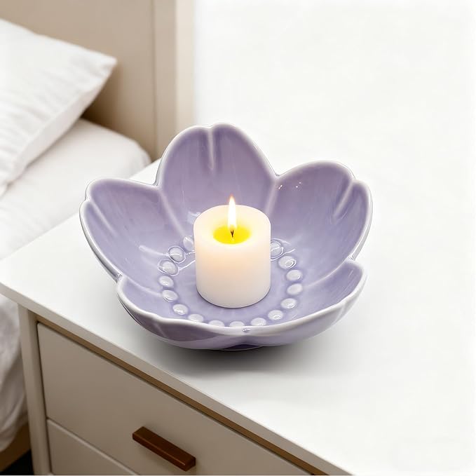 Purple Flower Ring Dish Jewelry Tray, Ceramic Jewelry Dish, Small Trinket Dish, Nightstand Bathroom Decor Ring Holder, Jewlery Plate Bowl for Christmas Friendship Birthday Gifts for Women Mom