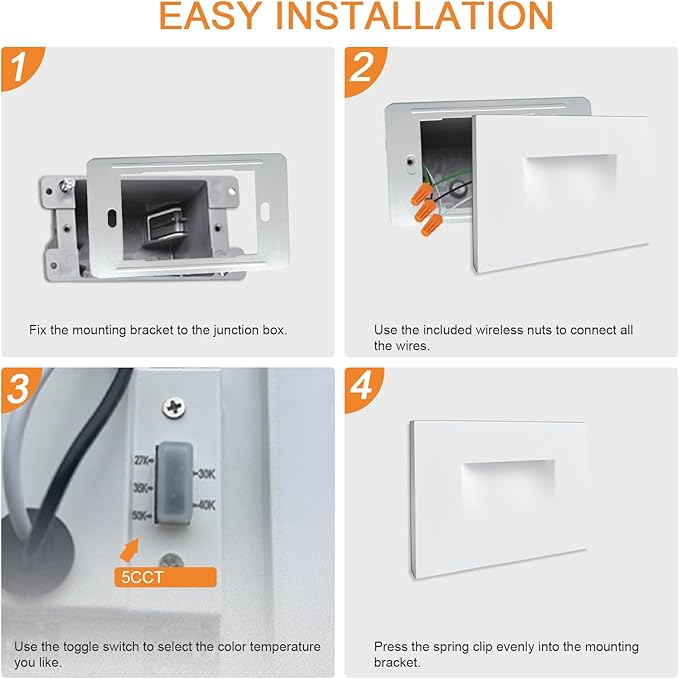 Horizontal Step Lights, 5CCT Selectable, IP65 Waterproof, 3W 100LM, 120V LED Stair Lights Indoor Outdoor, 10%-100% Dimmable, White, ETL Listed - 8PK