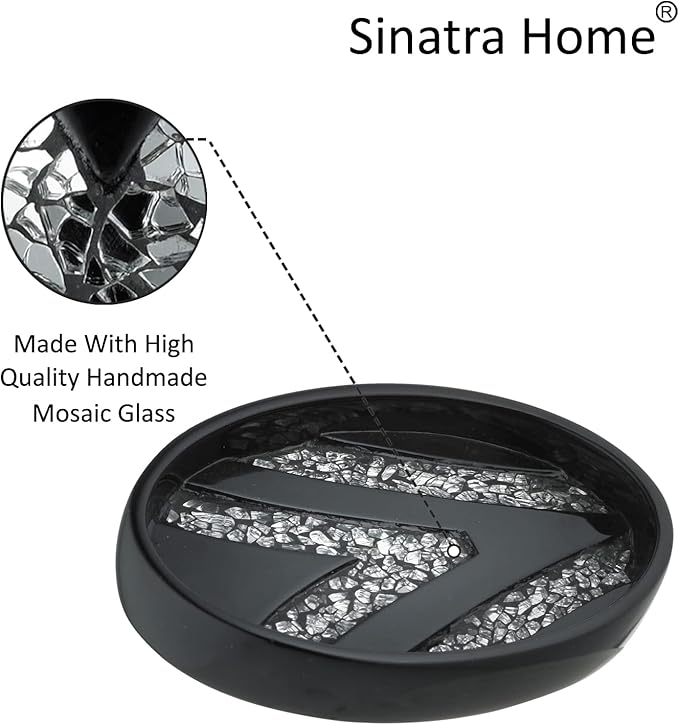 Zahari Home 4pc Sinatra Stylish Bathroom Accessories Set Black Soap Dispenser/Lotion Pump, Tumbler, Tooth Brush Holder and Soap Dish Modern Luxury Decor Bling Mosaic Glass Black Bathroom Accessories