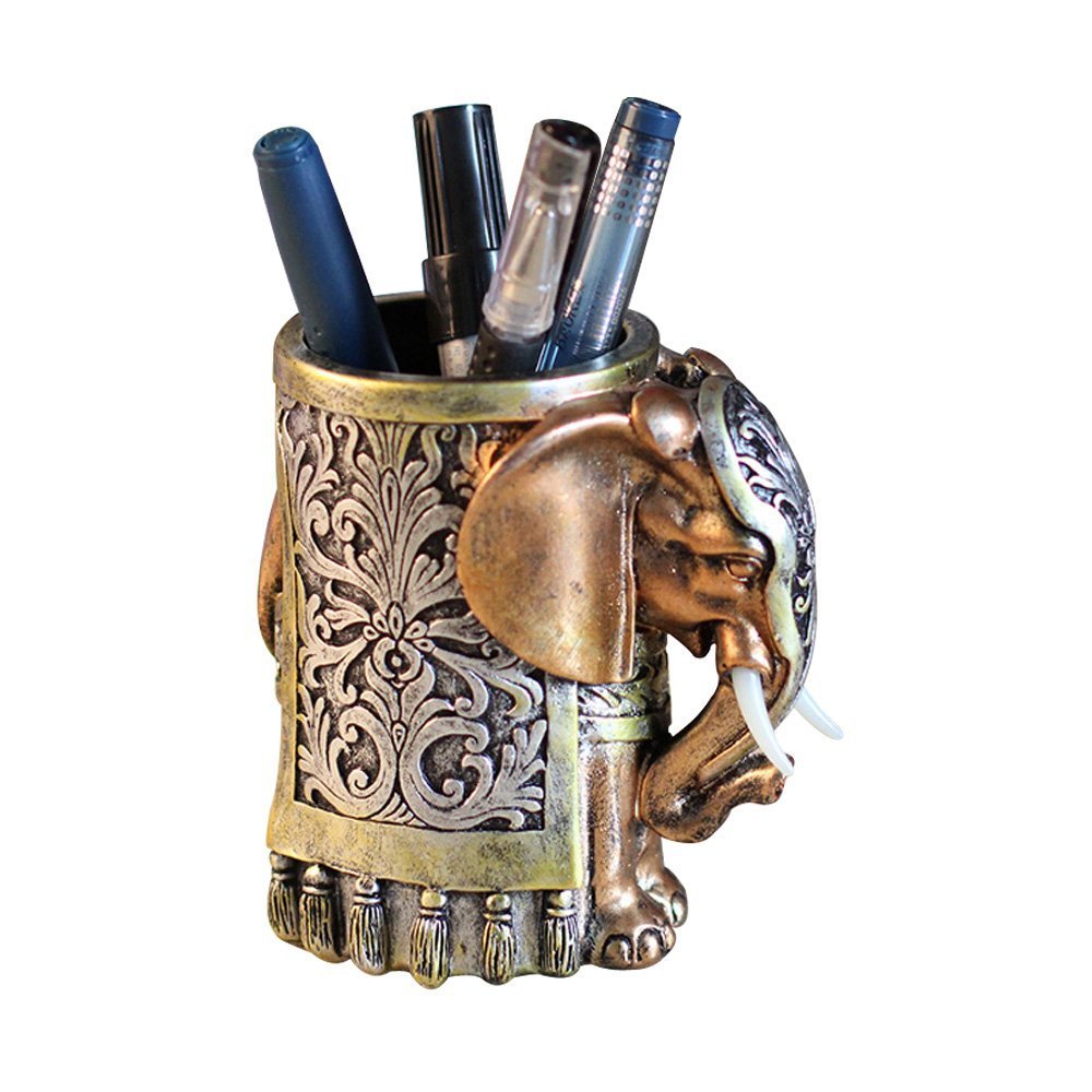 ornerx Resin Pencil Holder 4.5" Desk Organizer Vintage Lucky Elephant Head