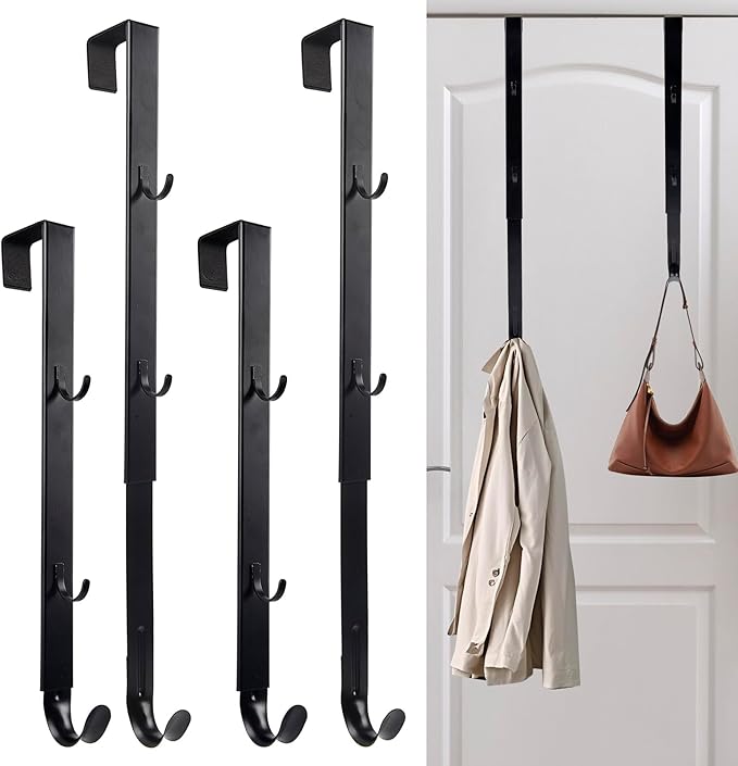 Over The Door Hooks - 4 PCS Adjustable Door Hanger with 12 Hook, 15-25'' Towel Rack Organizer for Bathroom, Heavy Duty Door Hook for Hanging Wreath Coat Clothes Hat, Shower Room Dorm Bedroom Essential