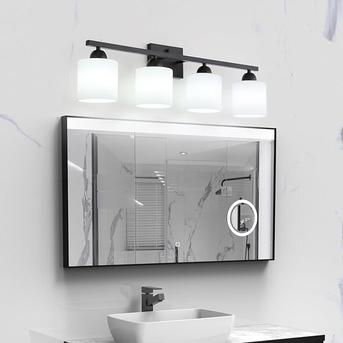 Milk Glass Vanity Lights for Bathroom, 4 Light Matte Black Bathroom Light Fixtures Over Mirror, Ceramic E26 Sockets Wall Mounted