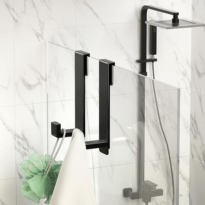 WUIVIUT Heavy-Duty Stainless Steel 7.5 Inch Over The Glass Door Shower Hooks - Towel Hooks for Frameless Shower Glass Door Bathroom Holder for Washroom(L Shape 2 Pack, Fits 3/8'' Thick)