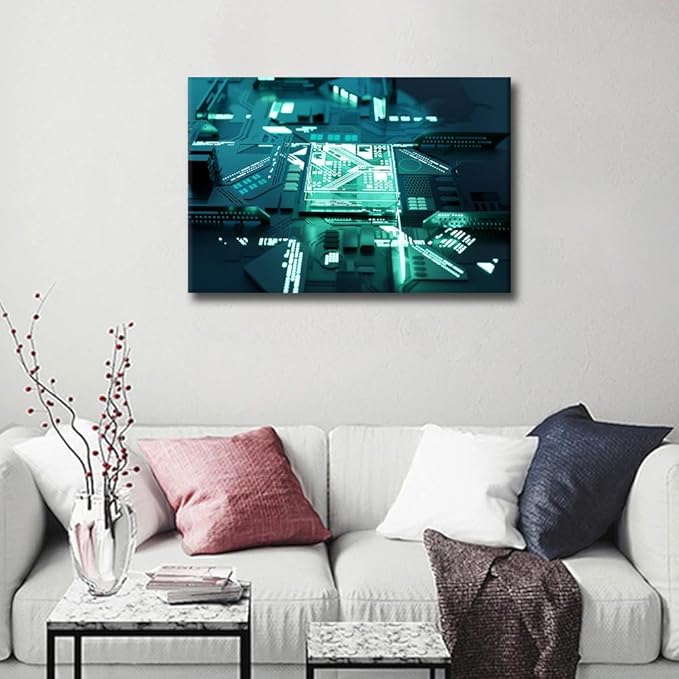 1 Panel AI Canvas Prints Glowing CPU Painting Computer Chip Pictures for Living Room Digital Age Modern Canvas Wall Art Framed House Decoration for Bedroom Office Ready to Hang - 36x24in