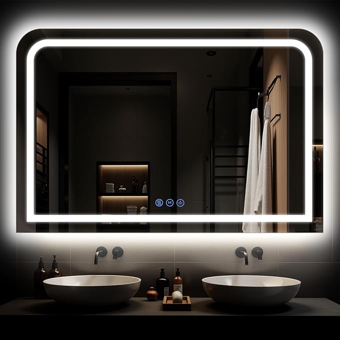 LED Bathroom Mirror, 48"x 30" LED Mirror with Lights for Bathroom, Lighted Vanity Mirrors for Wall, Anti-Fog, Dimmable, Tempered Glass, Memory Function, 3 Colors, Safe Use (White)
