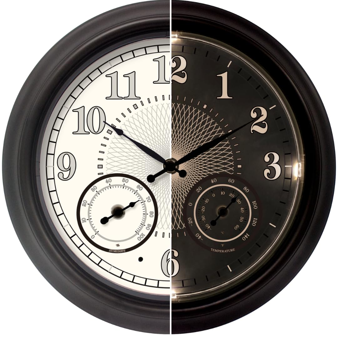 Illuminated Large Outdoor Clock - 18 inch Indoor Outdoor Night Light Wall Clock with Smart LED Sensor, Temperature and Humidity Combo - Weatherproof & Easy to Read for Pool, Patio & Home Decor