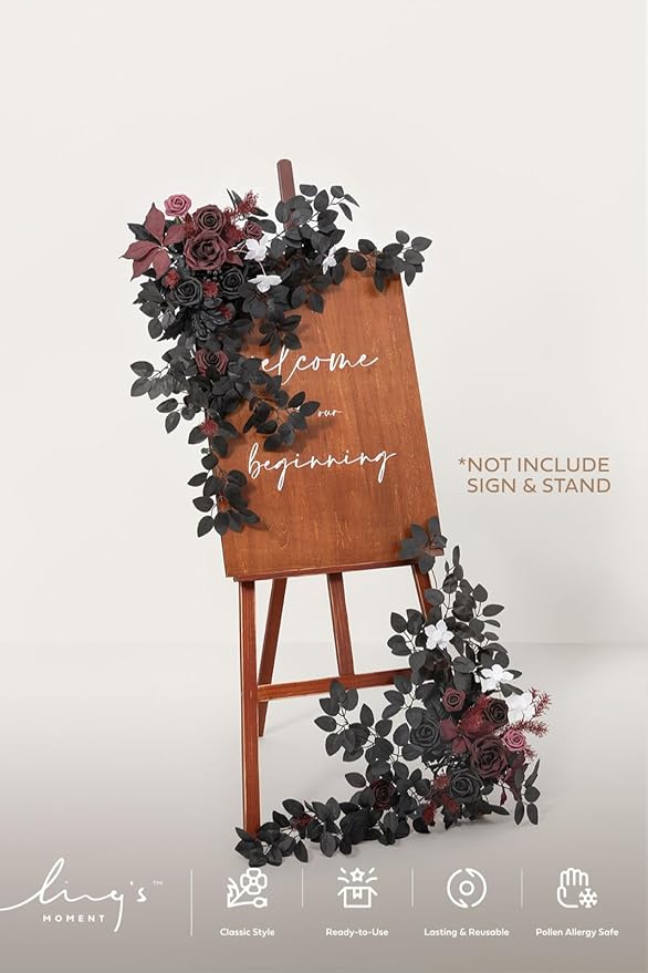 Ling's moment 2pcs Wedding Flowers Garland Artificial Floral Swag Arch Decorations Greenery Arrangements Black & Burgundy Ceremony Reception Garden Easel Wall Entryway Outdoor NOT Include Sign
