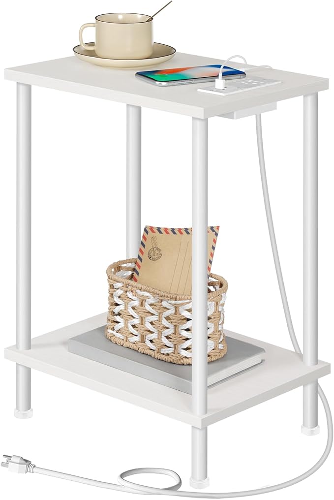 HOOBRO Side Table with Charging Station, End Table with USB Port and Outlets, Nightstand with 2-Layer Storage Shelves for Small Spaces, Living Room, Bedroom, White WW09UBZ01