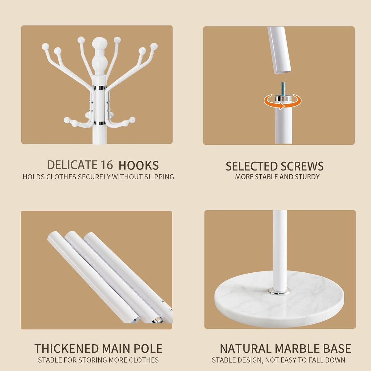Modern Coat Rack with Natural Marble Base, Metal Freestanding Coat Racks with 16 Hooks, Heavy Duty Coat Rack Stand, Standing Coat Hall Tree Hanger Holder Stand for Entryway,Office
