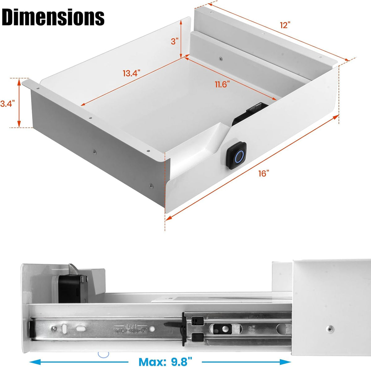 Under Desk Drawer with Lock, 16 inch Under Desk Storage Drawer, Under Desk Mounted Pull Out Drawer with Biometric Lock