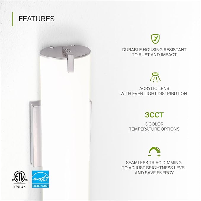 ASD LED 18" Vanity Wall Mount Light Fixture, Linear Bathroom Lighting Bar | 3CCT, Dimmable, Energy Star, ETL Listed | 20W 1500LM 3000-5000K 120V | Long Tube Bath Sconce Over Mirror | Nickel, 4 Pack