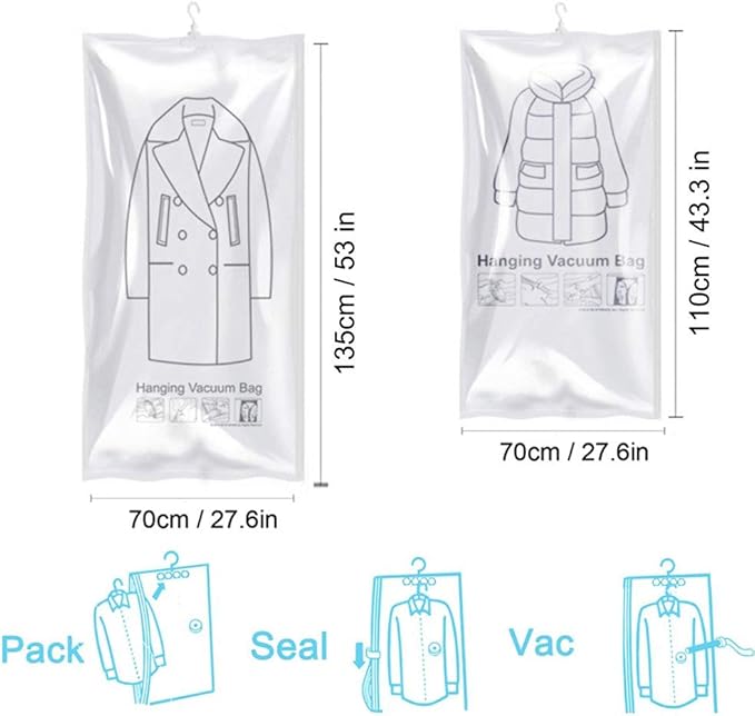 6 Hanging Vacuum Storage Bags for Clothes, 3 Jumbo & 3 Large Space Saver Seal Bags for Coat, Clear Garment Protector for Closet Wardrobe, Fit for Any Vacuum Cleaner, 53"x27.6" & 43.3"x27.6"