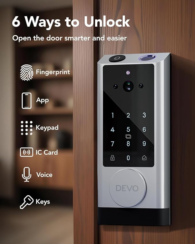 Devo G1 Video Smart Lock with Camera & Doorbell, 6-in-1 Fingerprint Keyless Entry Door Lock for Front Door, App Remote, Auto Locks, Wi-Fi Smart Deadbolt, Easy Install, Waterproof, Silver