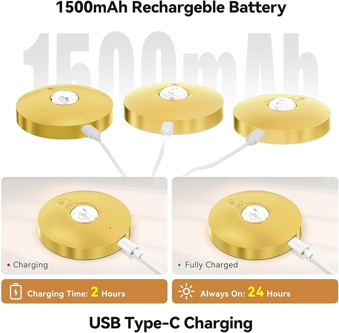 Yiliaw Rechargeable Puck Lights with Remote, 3 Pack Magnetic Under Cabinet Lighting, 1500mAh Battery Operated LED Tap Lights with Dimmer & Timmer for Kitchen, Closet, Shelf - 3 Color Temps, Gold