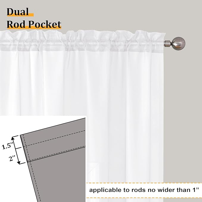 Aiyufeng White Sheer Curtains 90 Inches Long, Light Filtering Rod Pocket Solid Color Window Sheer Curtain Panels, Elegant Curtains & Drapes for Living Room, Bedroom 2 Panels (White, 59" W x 90" L)