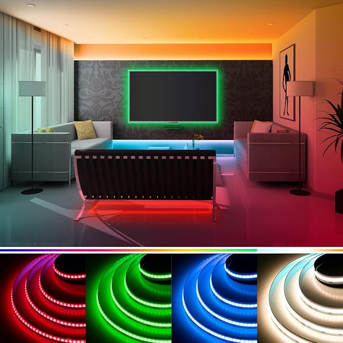 BTF-LIGHTING FCOB COB LED Strip RGBW 3000K 896LED/m 16.4FT DC24V Color Changing Flexible High Density Uniform Light 12mm Width for Home Indoor Decoration(No Adapter or Controller)