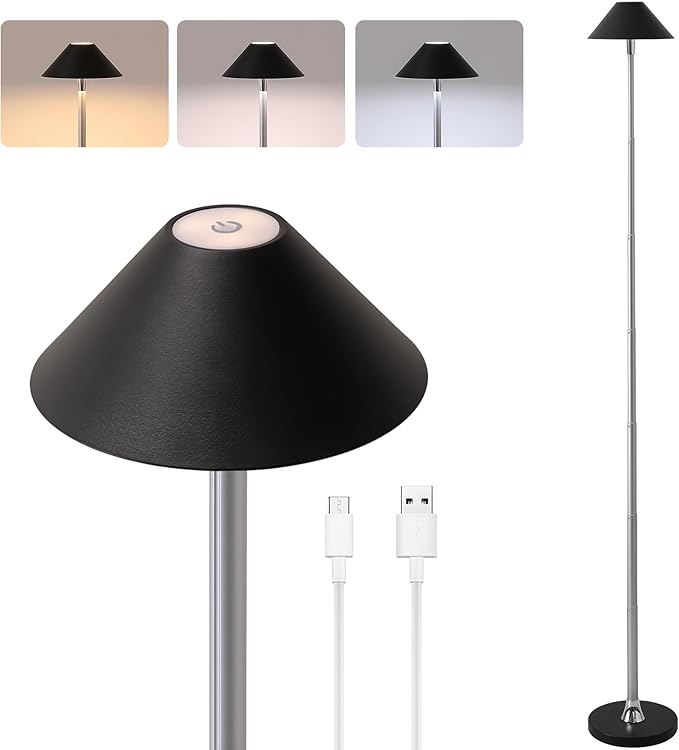 Rechargeable Floor Lamp for Indoor/Outdoor, Cordless Tall Standing Lamp with 3 Color Temps & Dimmable, IP43 Waterproof, Adjustable Height 16-56 Inch, Portable Pull-Up Lamp for Camping, Patio(Black)