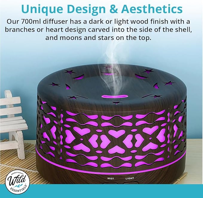 Wild Essentials 700ml Designer Large Room Essential Oil Diffuser, 5 in 1 Ultrasonic Aromatherapy Vaporizer Cool Mist Humidifier, Home, Office Bedroom, Timer, Auto-Off, 7 Color LED Dark Wood Branches