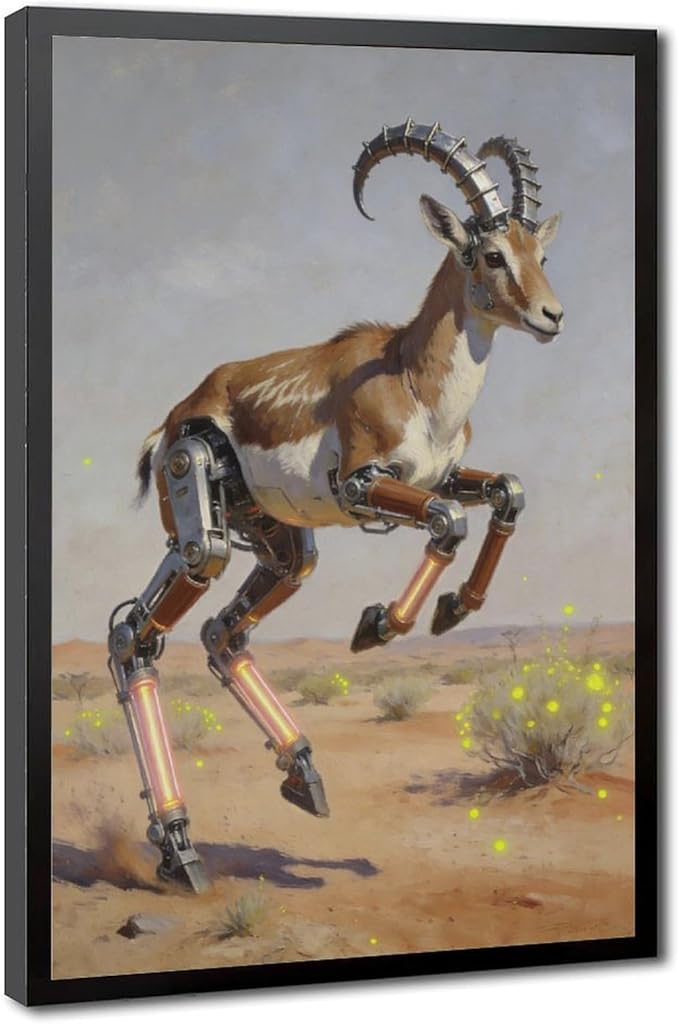 Framed Steampunk Mechanical Antelope Wall Art - Desert Futuristic Poster for Loft Living Room Decor 20x30in