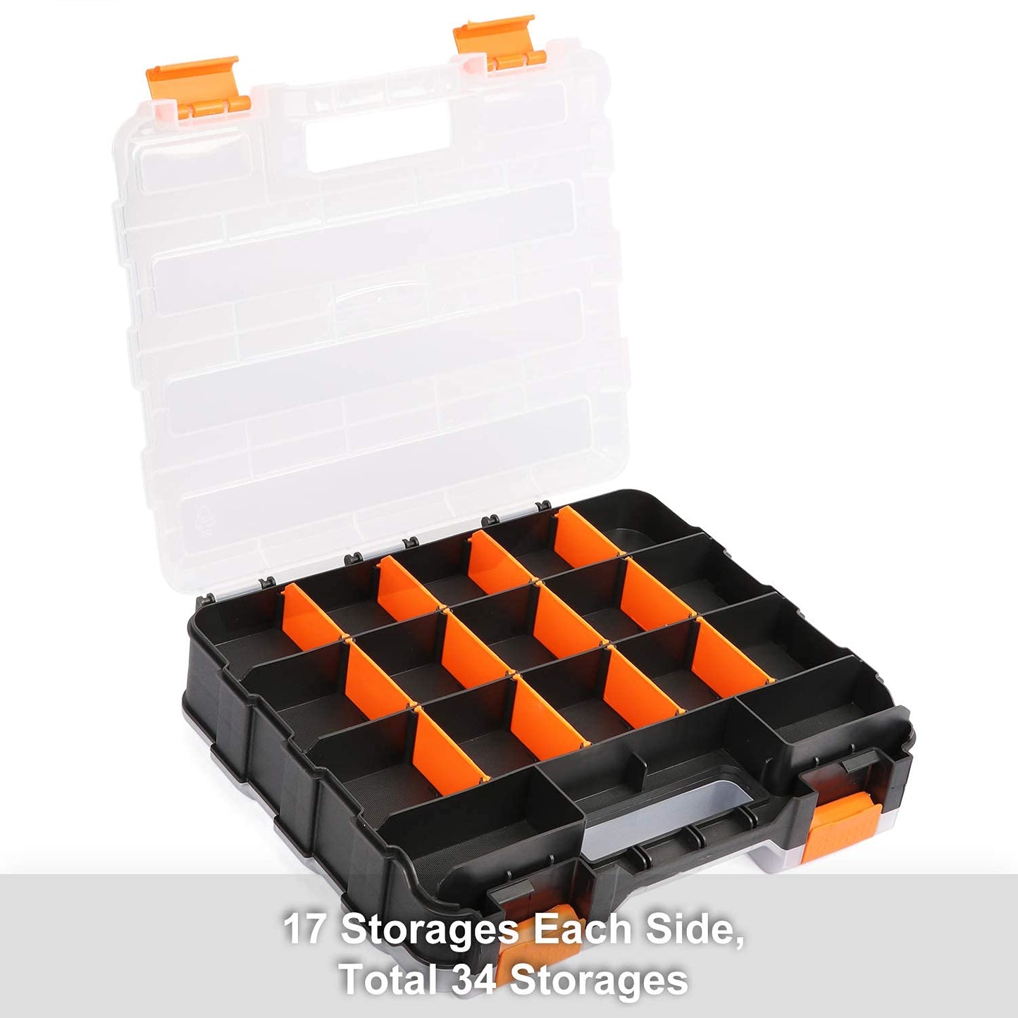 Mayouko Double Side Tools Organizer, Customizable Removable Plastic Dividers, Hardware Box Storage, Excellent for Screws,Nuts,Small Parts, 34-Compartment, Black/Orange,12.6"L x 10.6""W x 3.2""H"