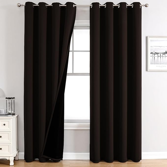 ChrisDowa 100% Blackout Curtains 108 inch Long for Bedroom with Black Liner, 2 Thick Layers Total Blackout Thermal Insulated Grommet Window Curtains 2 Panels Set (Brown, 52 x 108 Inch)