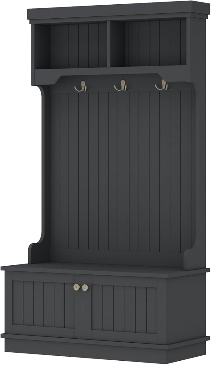 Modern Hall Tree with Storage Shoe Bench, 4-in-1 Design Coat Racks with Shoe Bench and Hooks, Multifunctional Hall Tree for Living Room, Entryway and Hallway (Black/44f)