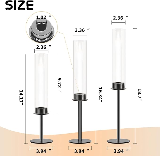 Hurricane Candle Holders Metal Candlestick Holder for Glass Taper Tall Candle Holders with Crystal Chimney Tube Candles Stands for Home Decor, Christmas, Dinning (18, Black)