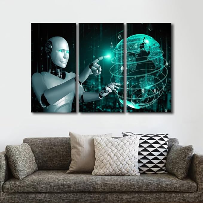TUMOVO 3 Pieces Canvas Wall Art - AI Intelligence Pictures for Home Wall Decor Robot Canvas Painting Wall Art AI Artwork Giclee Gallery-wrapped Framed Ready to Hang, 60" Wx40 H