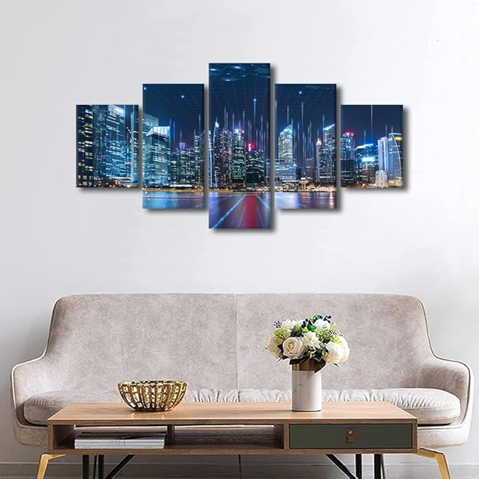 Canvas Wall Art for Office Communication Company Wall Decor Modern Smart City Poster Telecommunication and Communication Picture Printing Native Americans Home Decoration 5 Panel Poster 60x32 Inch