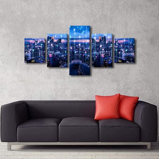 Bangkok Urban Skyline Wall Art 5 Panel Modern City Lighting Poster Big Data Abstract Point Picture Advanced Smart City Canvas Art Internet Workers Home Wall Decor Frame Ready to Hang 50x24 Inch