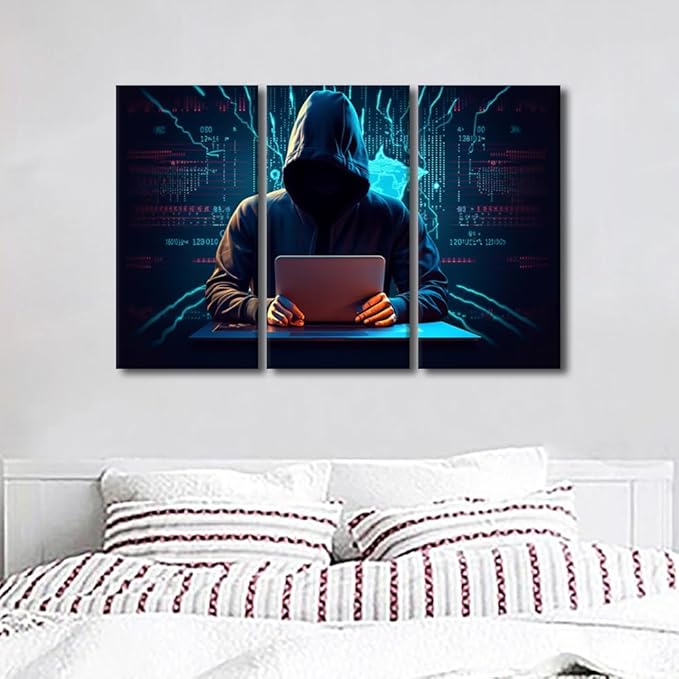 Hacker Wall Art - Hacker Malware Picture Prints on Canvas Big Data Painting Giclee Artwork for Home Decor 3 Pieces Framed Wall Art Canvas Prints Ready to Hang Posters, 42" Wx28 H