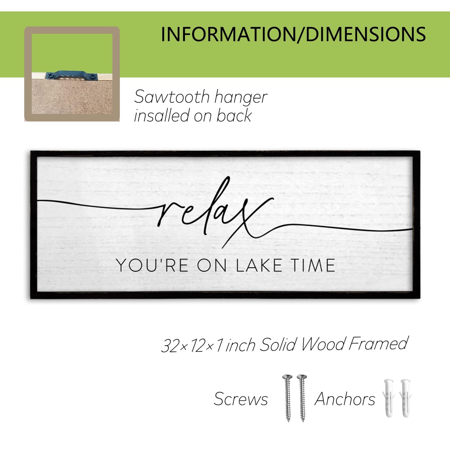 TQianJiang Relax You're On Lake Time Wall Decor 32"×12"" Lakeside Quote Sign Lake House Decor for Living Room Bedroom Large Rustic Wooden Framed Wall Hanging Art (Black)"