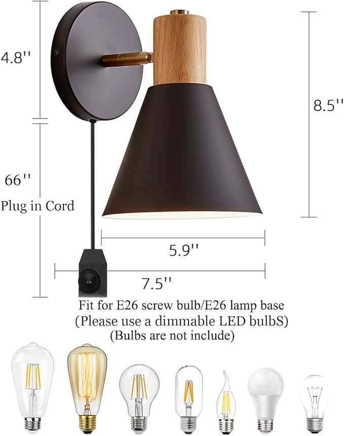 ClanKin Wall Sconces Lighting Set of 2 for Bedroom, Black Dimmable Wood Style Wall Sconce Reading Lamp, Adjustable Wall Light for Bedroom Hallway Living Room (Black-Plug in, 2)