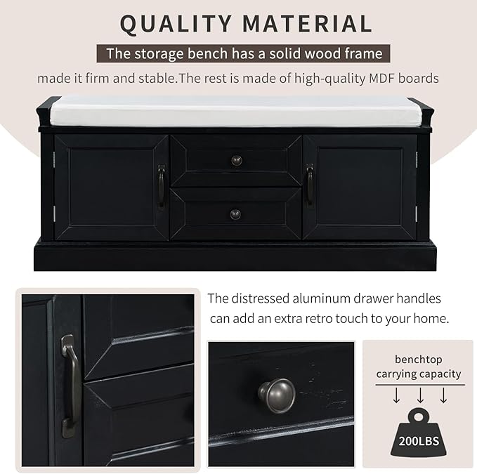 Merax Rustic Wood Shoe Storage Bench with 2 Drawers and 2 Cabinets for Entryway Hallway Front Door Black