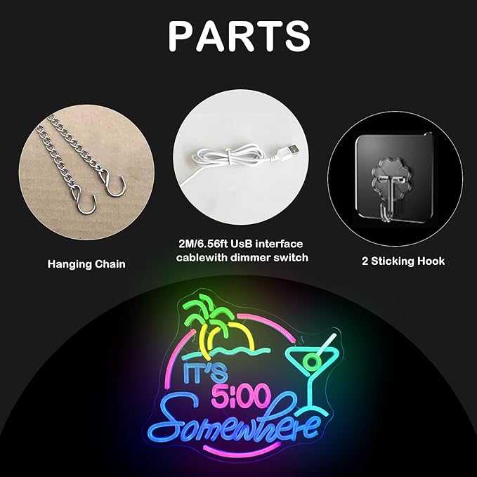 It's 5:00 Somewhere Neon Sign, USB Powered LED Neon Sign for Wall Decor,Dimmable, 5V/2A, for Home, Party, Gift, Bedroom, Man Cave, Bar, Beer Garage, Secrect Space