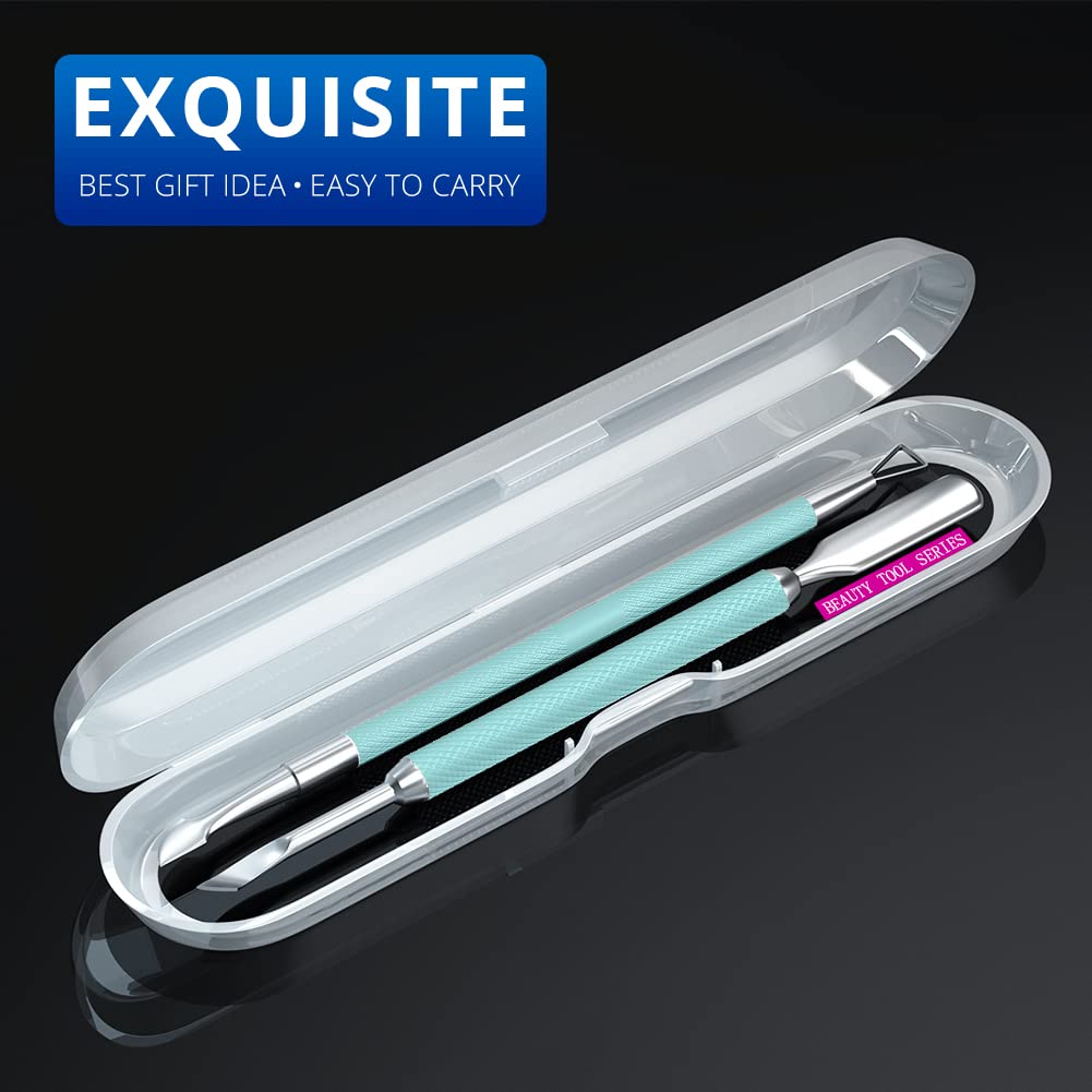 2PCS Metal Teal Cyan Cuticle Pusher and Cutter Remover Salon Stainless Steel Gel Nail Polish Peeler Scraper Durable Professional Manicure Pedicure Cleaner Tool For Fingernail and Toenail
