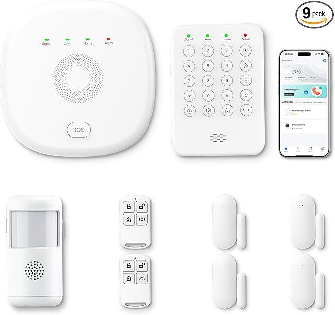 Home Security System 9-Piece Work with Alexa & Google No Monthly Fees,WiFi+4G Mobile App Control with Instant Alerts and Auto Alarm Dial,Door/Window Sensors+Motion Detectors+Remote,24/7 Monitoring