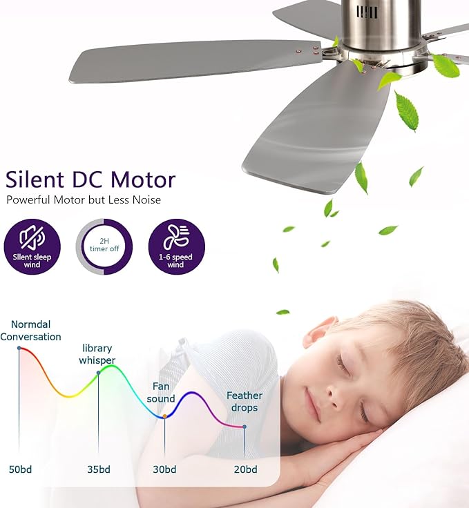 52 inch Ceiling Fans with Lights, Flush Mount Ceiling Fan with Light and Remote/APP Control, DC Motor, Dimmable LED, Noiseless, Low Profile Ceiling Fan for Bedroom Indoor/Outdoor Use (Nickel