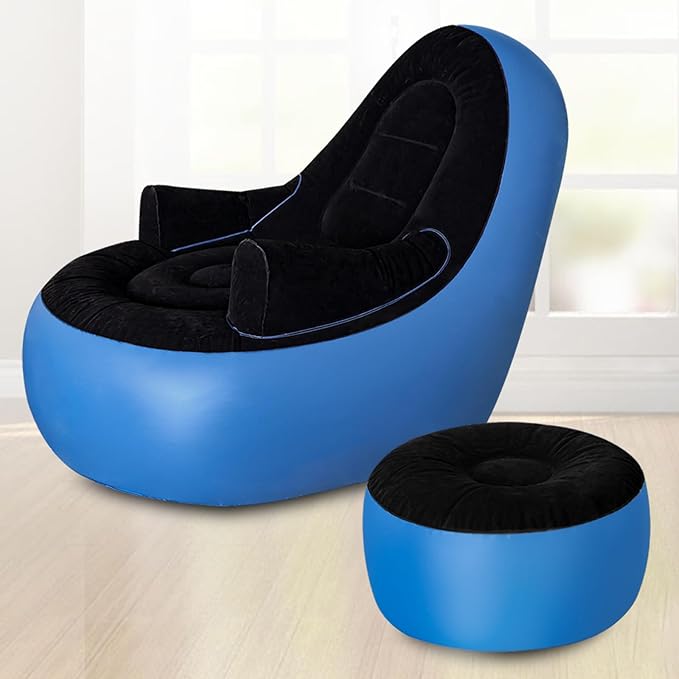 Inflatable Couch with Armrest＆Ottoman, Blow Up Lounger Chair, Folding Lazy Sofa, Inflatable Furniture Without Pump for Camping, Fishing, Party, Beach, Sunbathing, Hiking (Blue)