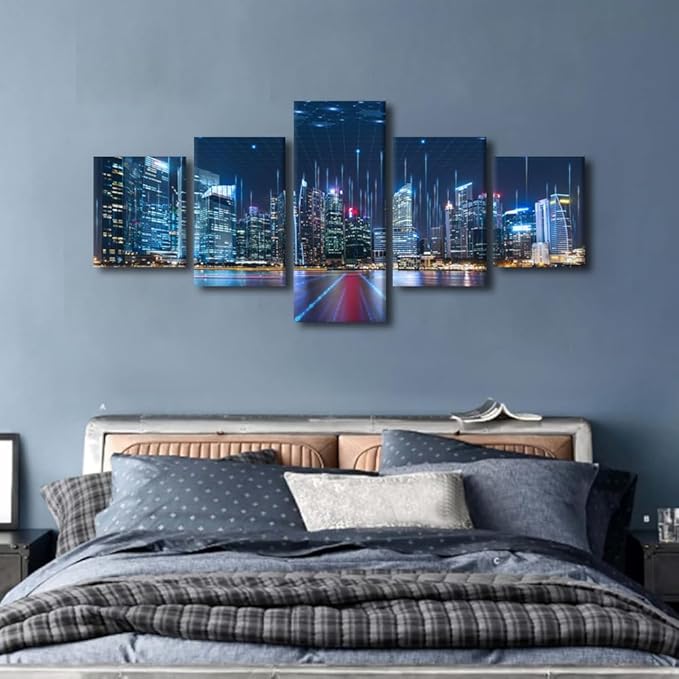 Canvas Wall Decor Modern Smart City Poster 5 Panel City Landscape Poster Classroom Wall Decorate Men Bedroom Wall Decoration Internet Companies Wall Decor Frame and Stretched Ready to Hang 50x24 Inch