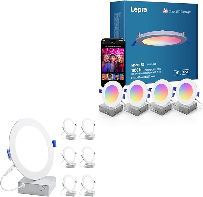 Lepro Bundle - R2 AI Smart LED Canless Light 6 Inch with Mood Recognition Music Sync, Group Control, 12W,1050 Lumen + 6 Pack 6 Inch LED Recessed Ceiling Light with Junction Box, 5000K Daylight