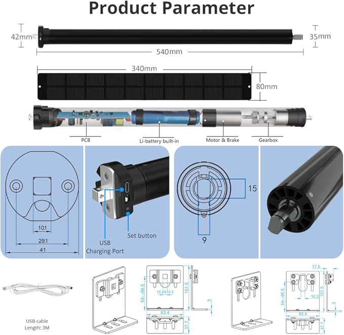 Smart ZigBee Roller Shade Motor with Solar Panel, Retrofit Electric Blind Motor, 5000mAh Rechargeable, Compatible with Alexa/Google Home, High Torque Kit (6.0 N.m for Φ50mm (2") Round Tube)