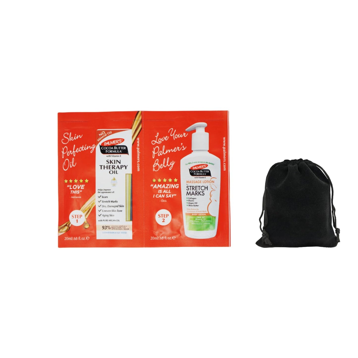 Palmer's Cocoa Butter Formula Skin Therapy Oil and Massage Lotion for Stretch Marks, Travel Pack, 0.68 FL OZ, Intensive Hydration, Skin Elasticity, Pregnancy Safe, Paraben-Free, 20 CT, W/Travel Pouch
