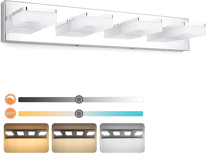 3 Colors Dimmable Vanity Lights for Bathroom, LED Chrome 4 Light Vanity Light, Acrylic Stainless Steel Bathroom Light Fixtures Over Mirror, Adjustable 3000K/4000K/6000K, 360° Rotate